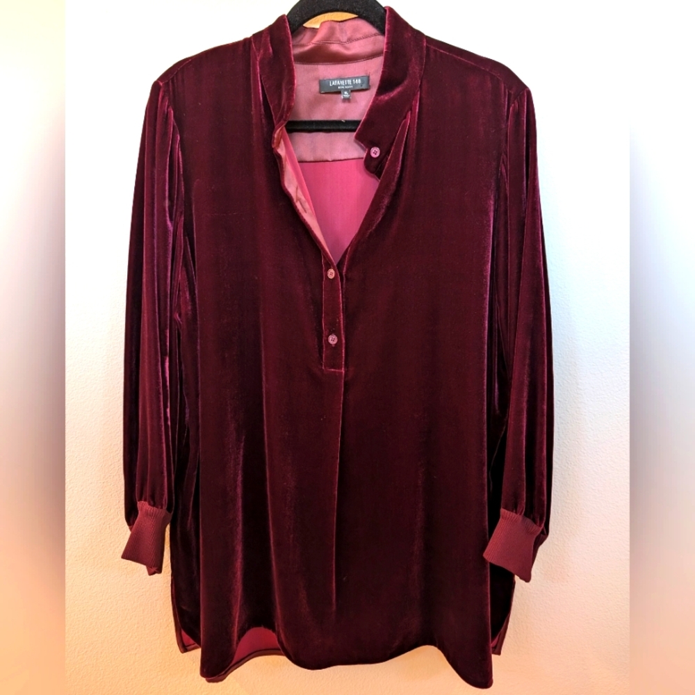 Lafayette 148 red maroon velvet button down blouse long sleeve top size XL